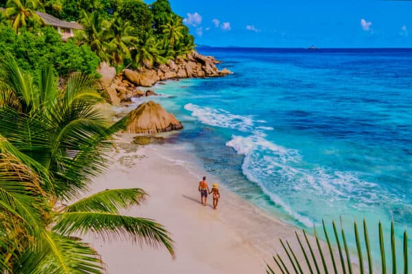 Drone aerial view of La Digue Seychelles bird eye view.of tropical Island. mature couple men and women on vacation in Seychelles