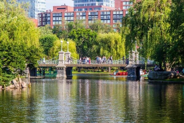 bridge over pond in Boston Public Gardens