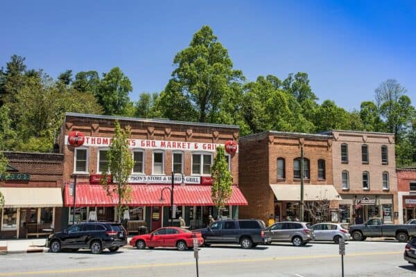 Street view of Main Street in front of Thompson's Store and Ward's Grill in the historic downtown Saluda.