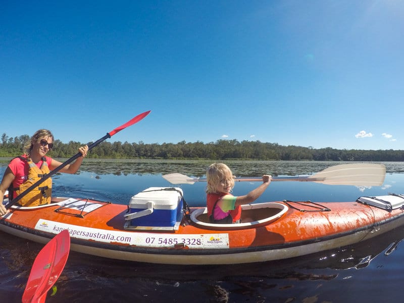 mother and child Kayaking in the Noosa Everglades, Queensland, Australia