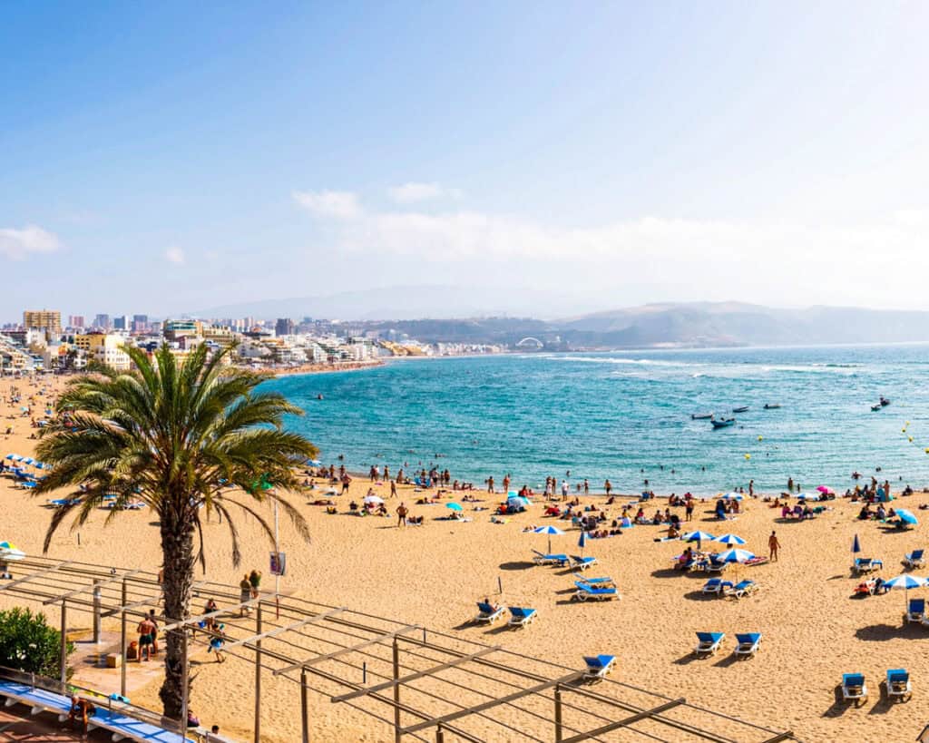 Panorama view of Las Canteras beach at Las Palmas de Gran Canaria in the Canary Islands in Spain.