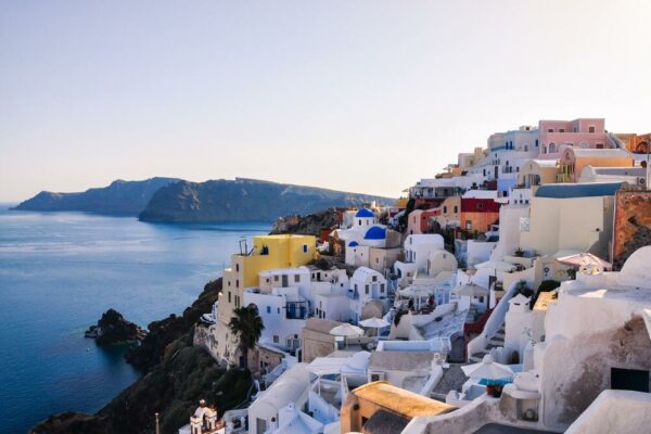White buildings overlooking water at Mykonos