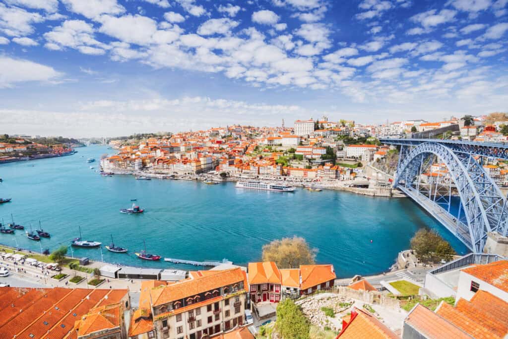 view of porto river and bridge and city