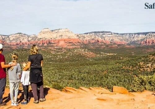 family looking at view at devil's bridge